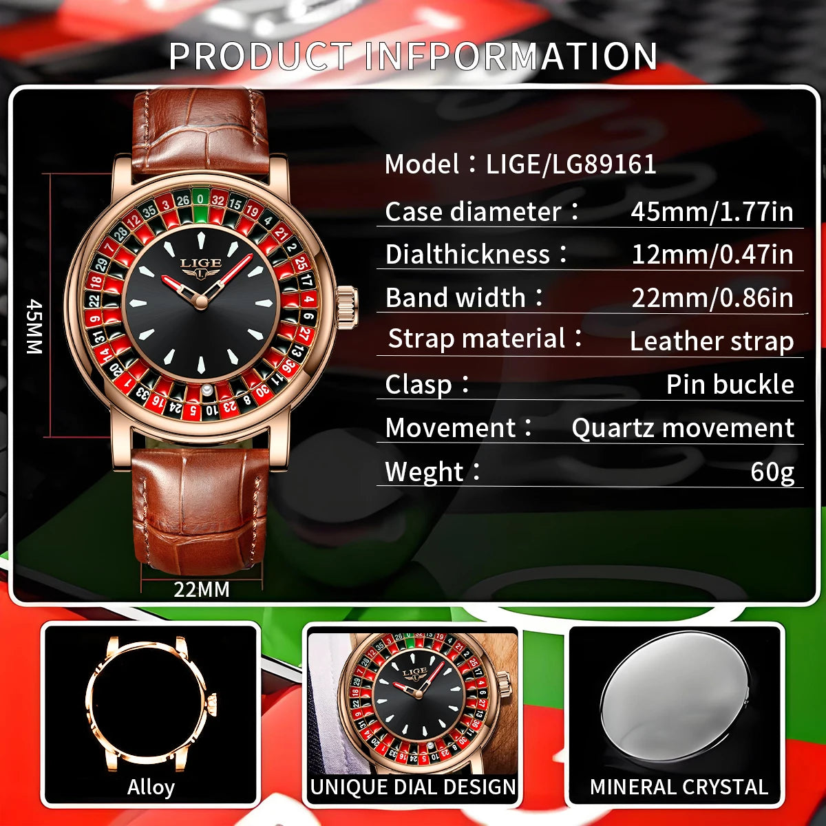 Reloj de Cuarzo para Hombre Diseño de Lujo con Ruleta Correa de Cuero Impermeable Regalo