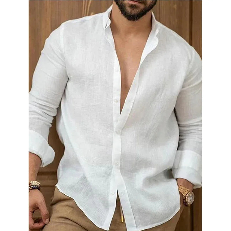 Camisa de Hombre Slim Fit de Algodón y Lino de Manga Larga Casual y Estilosa