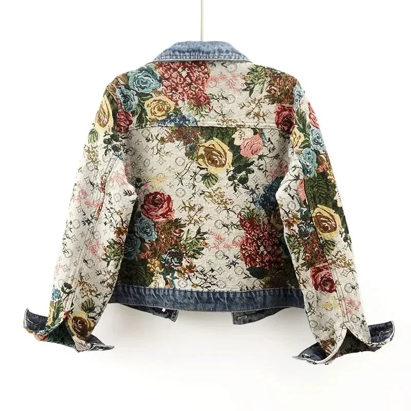 Chaqueta de mezclilla para mujer, primavera otoño, estampado, con solapa, de manga larga, corta