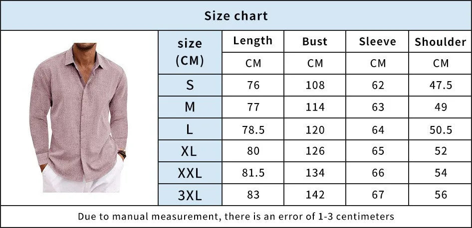 Camisa de Hombre de Lino de Manga Larga Suelta de Algodón Sólido Talla Grande Moda