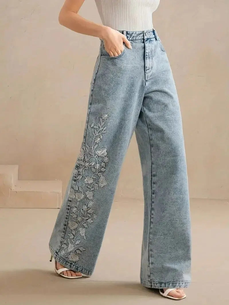 Jeans de mezclilla elásticos bordados de talla grande para mujer, pierna recta