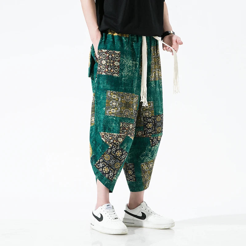 Pantalones de playa para hombre con estampado casual estilo étnico de pierna ancha hasta el tobillo 2023