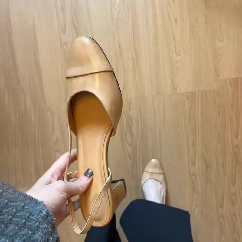 Sandalias de Tacón Chunky para Mujer con Tira en el Tobillo, de Cuero de Vaca, Slip-On, Tallas 35-39