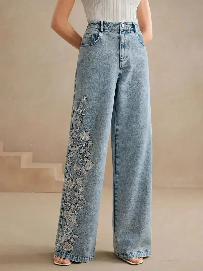 Jeans de mezclilla elásticos bordados de talla grande para mujer, pierna recta