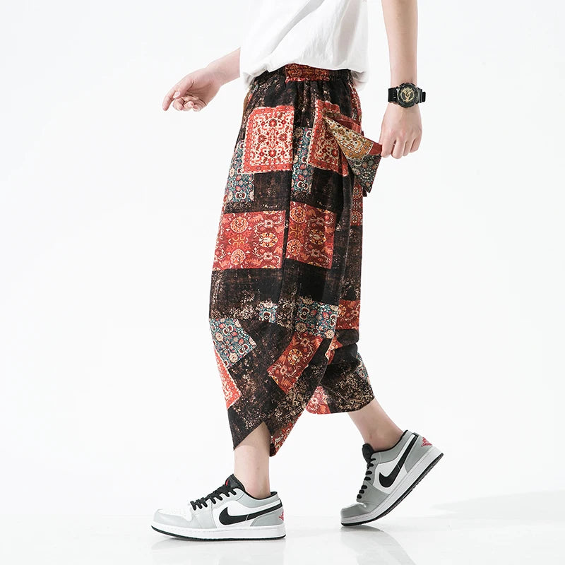 Pantalones de playa para hombre con estampado casual estilo étnico de pierna ancha hasta el tobillo 2023