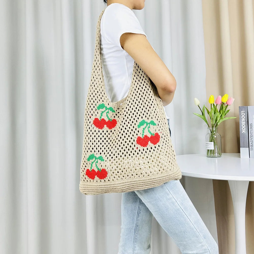 Bolso de Hombro de Crochet Fresa Cereza Grande Tote de Verano para Mujeres
