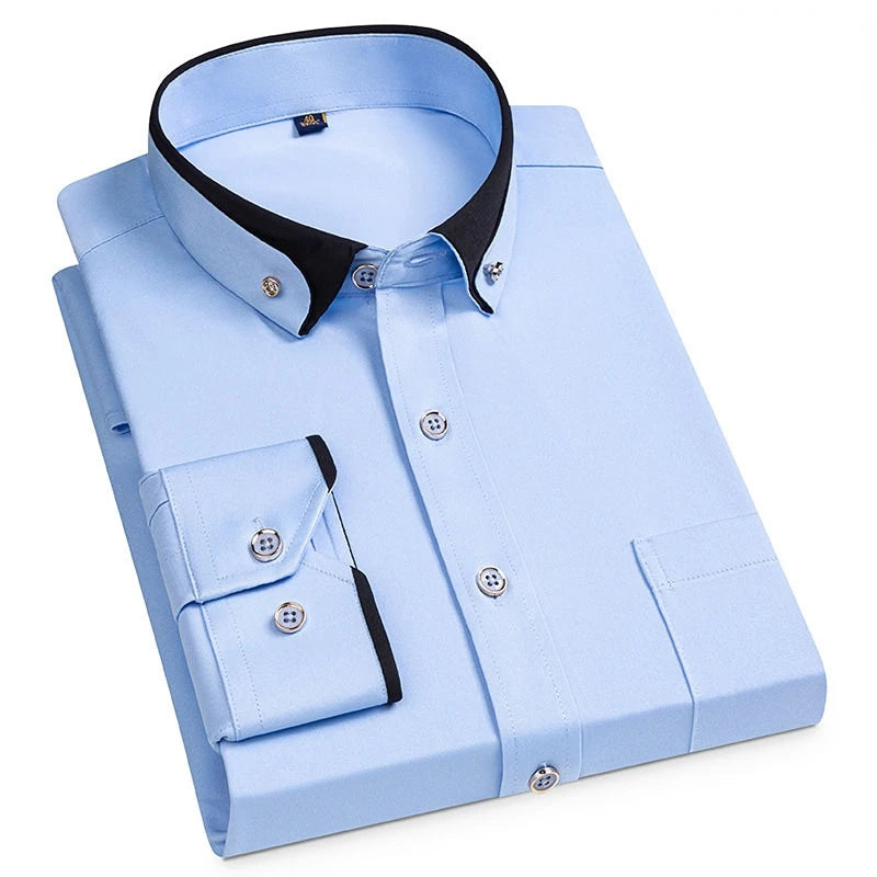 Camisa de vestir para hombre formal con botones, de negocios, antiarrugas, elástica y con bolsillo