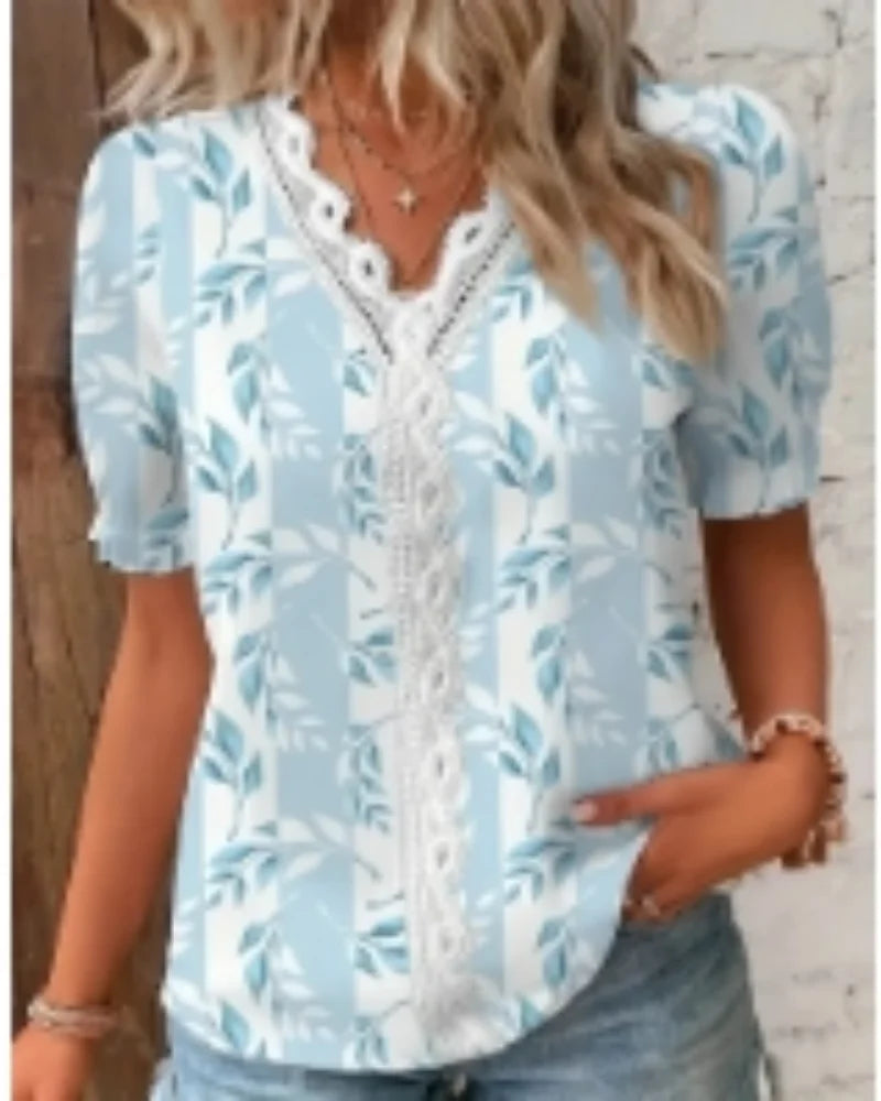 Camisa Mujer Blusa de Verano con Escote en V Hueco Elegante Top de Jacquard a Rayas