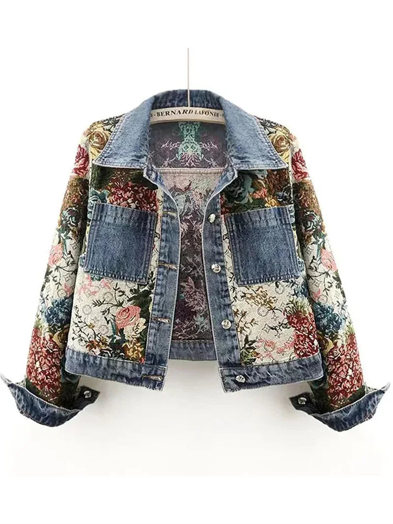 Chaqueta de mezclilla para mujer, primavera otoño, estampado, con solapa, de manga larga, corta