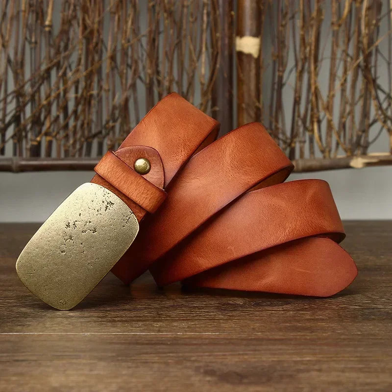 Cinturón de Cuero para Hombre 3.3cm con Hebilla de Latón de Piel de Vaca, Correa de Diseñador para Jeans