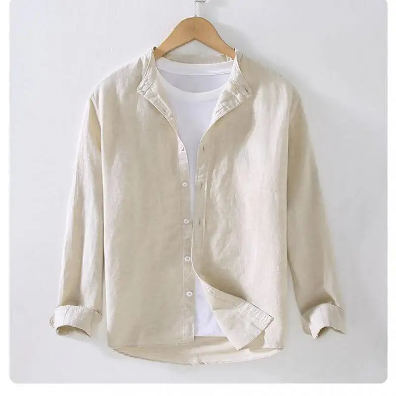 Camisas de Lino para Hombre Vintage con Cuello Alto de Manga Larga M-3XL Streetwear