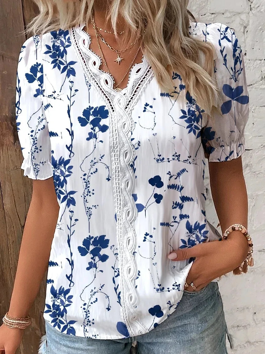 Camisa Mujer Blusa de Verano con Escote en V Hueco Elegante Top de Jacquard a Rayas