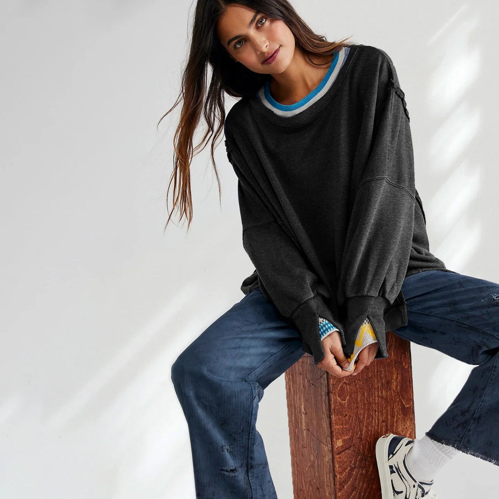 Sudadera de Mujer con Cuello Redondo Sólida Retro de Manga Larga Conjunto Deportivo