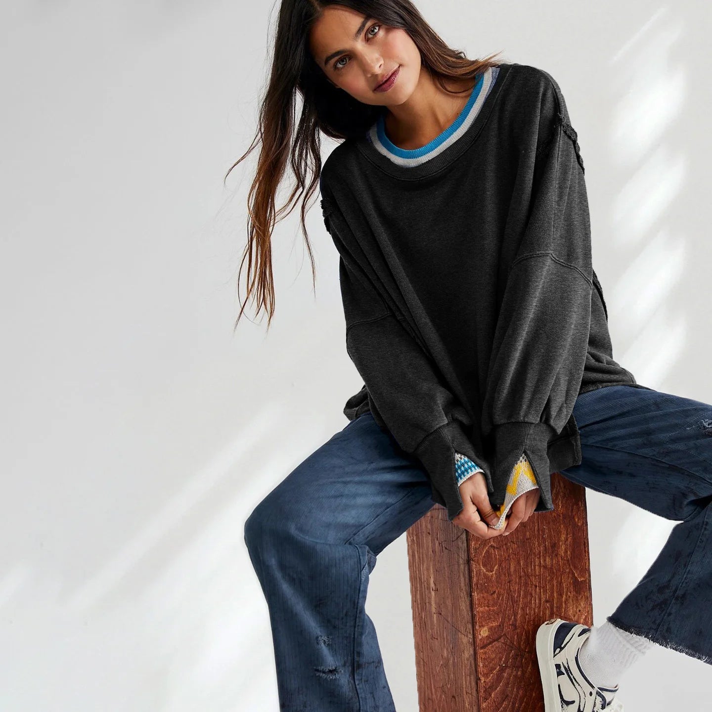 Sudadera de Mujer con Cuello Redondo Sólida Retro de Manga Larga Conjunto Deportivo