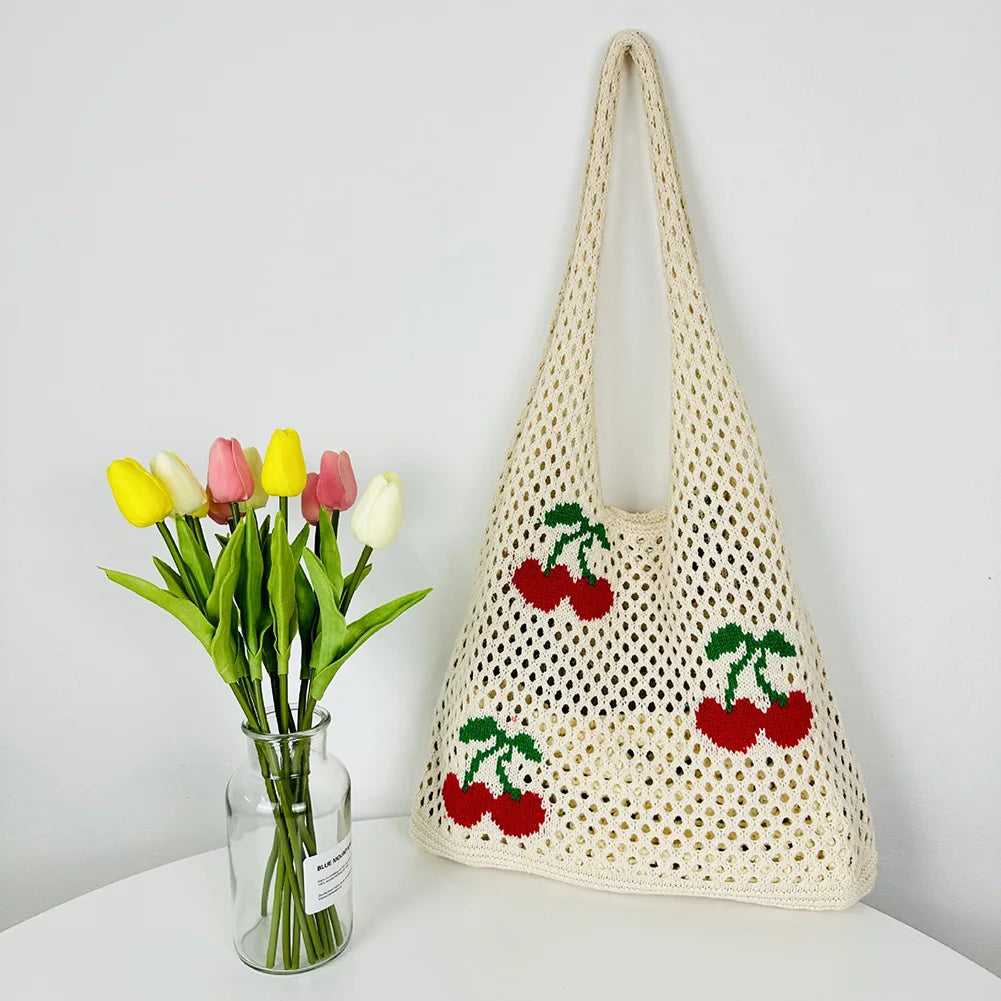 Bolso de Hombro de Crochet Fresa Cereza Grande Tote de Verano para Mujeres