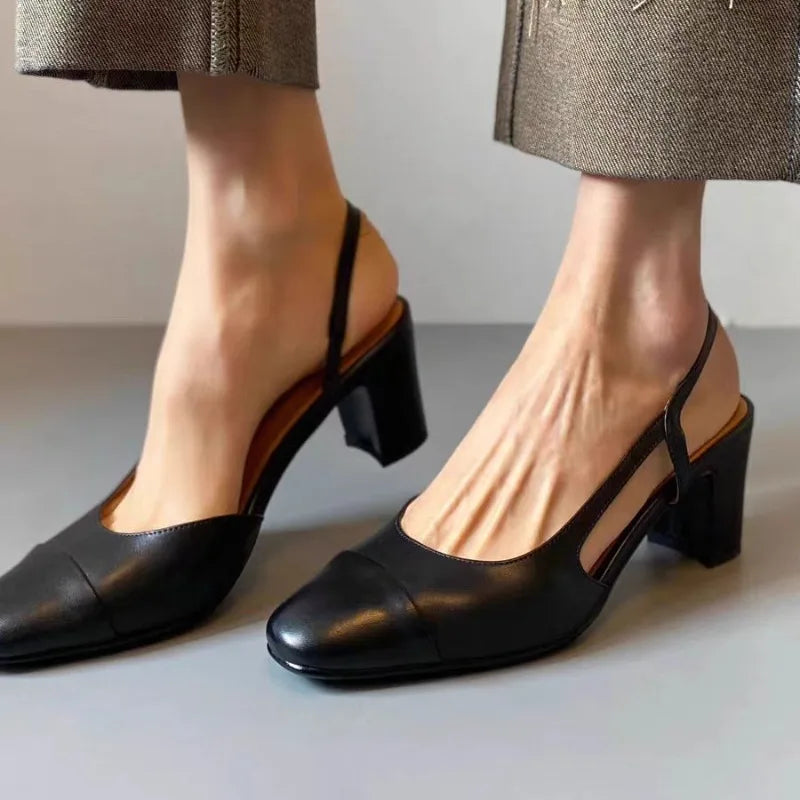 Sandalias de Tacón Chunky para Mujer con Tira en el Tobillo, de Cuero de Vaca, Slip-On, Tallas 35-39