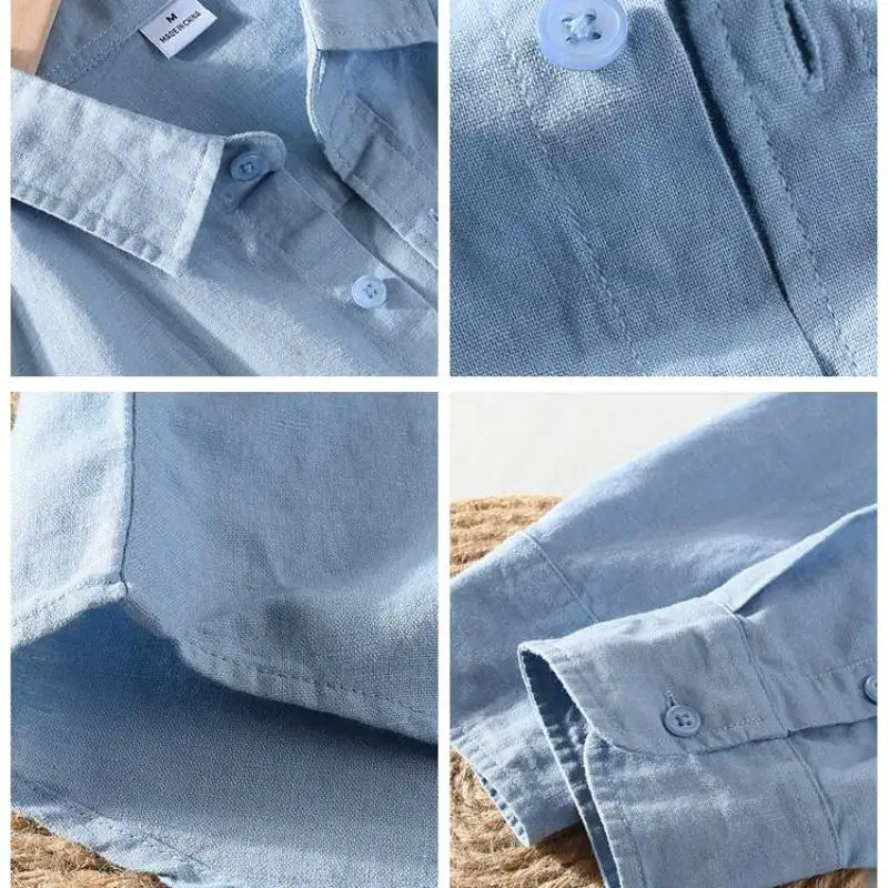 Camisas de Lino para Hombre Vintage con Cuello Alto de Manga Larga M-3XL Streetwear