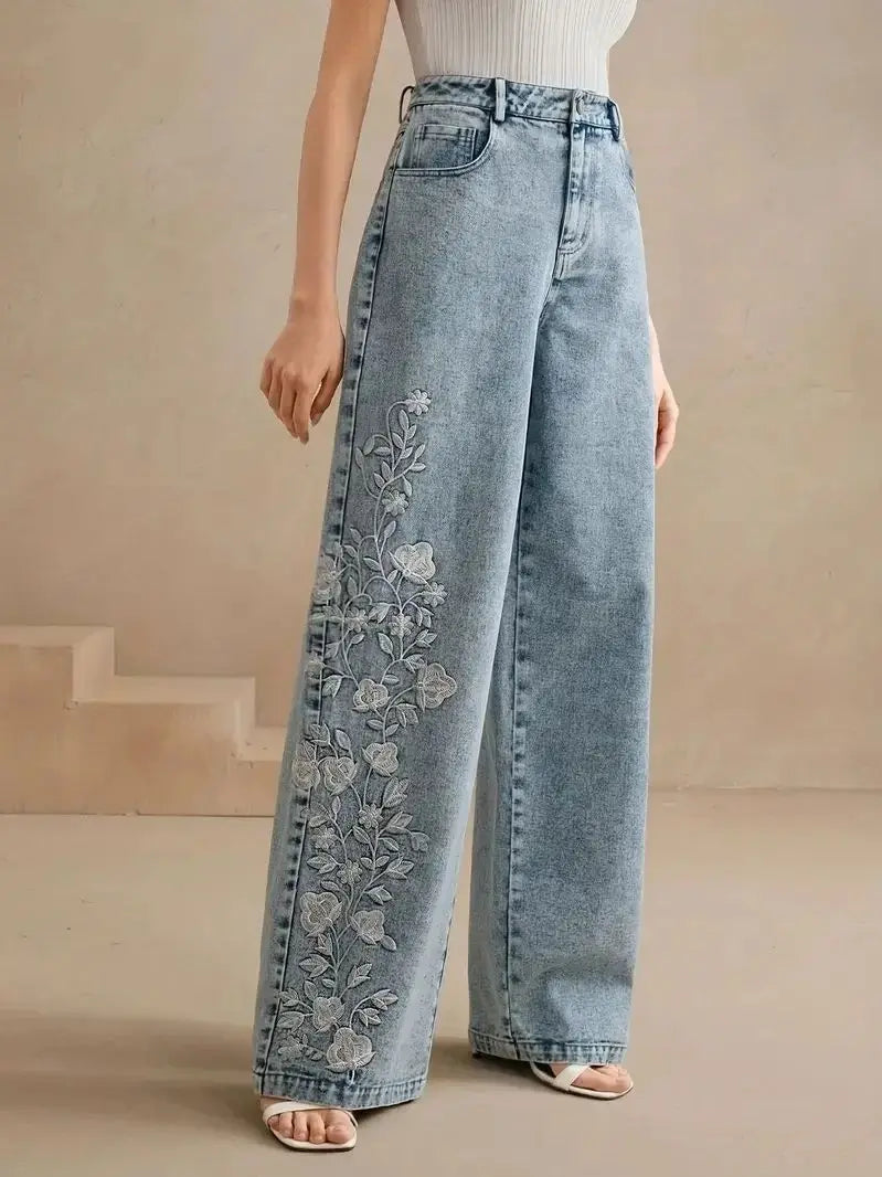 Jeans de mezclilla elásticos bordados de talla grande para mujer, pierna recta