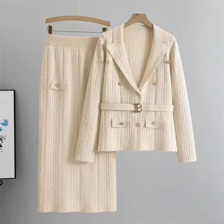 Conjunto de Chaqueta y Falda para Mujer, Tejido de Punto, Talla Grande, Moda de Primavera y Otoño